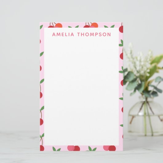 Cherry Fruit Pattern in roze and Red Personalized Briefpapier (Staand voorkant)