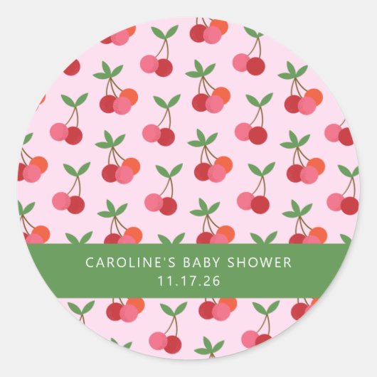 Cherry Fruit Roze Green Cute Custom Baby shower Ronde Sticker (Voorkant)