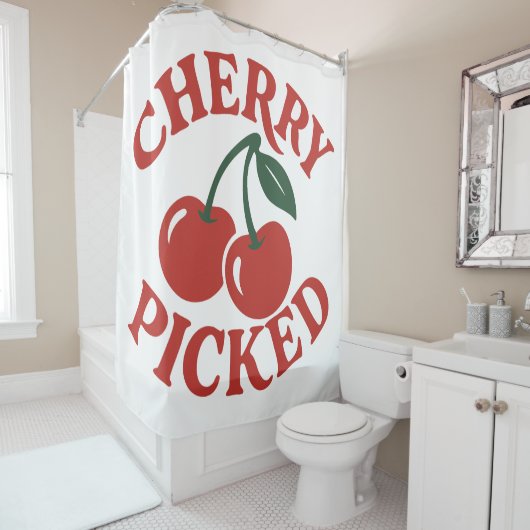 Cherry Geplukte Trendy Retro Fruit Grafisch Douchegordijn (In situ)