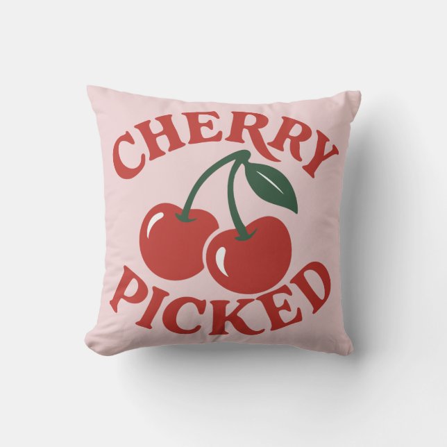Cherry Geplukte Trendy Retro Fruit Grafisch Roze Kussen (Voorkant)