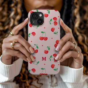 Cherry Hearts Aangepaste naam Monogram iPhone 15 Case