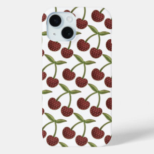 Cherry Illustrated Pattern on White iPhone 15 Case