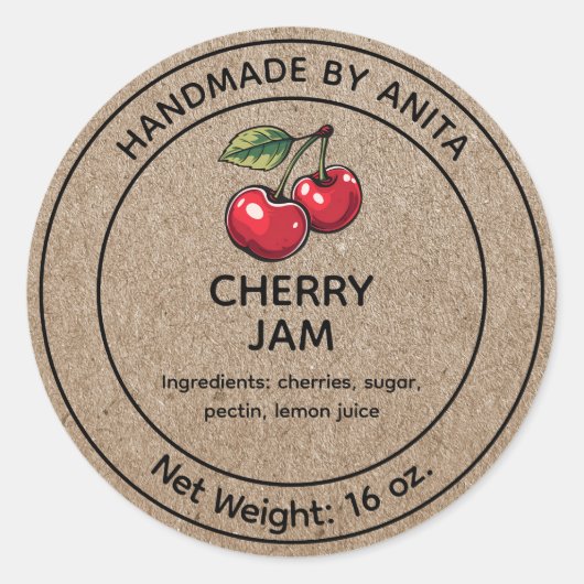 Cherry Jam Jelly Jar Label Kraft-papierstijl (Voorkant)