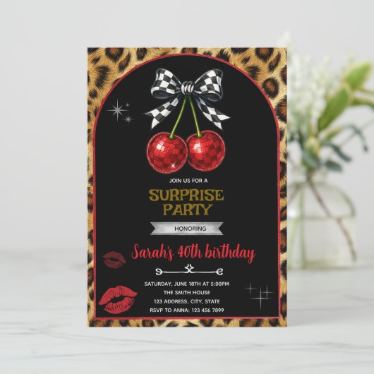 Cherry Leopard party Invitation Kaart (Staand voorkant)