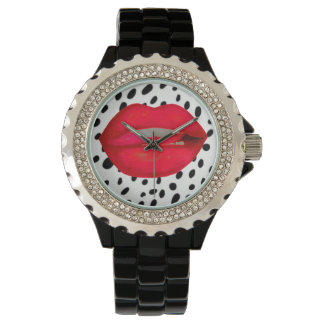 Cherry lips leopard rhinestone wrist watch horloge