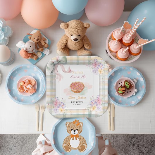 Cherry Little Cutie Pie Pastel Gingham Baby shower Papieren Bordje