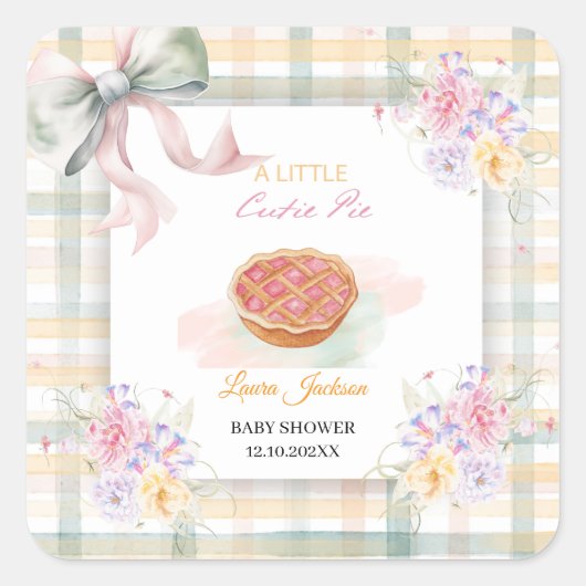 Cherry Little Cutie Pie Pastel Gingham Baby shower Vierkante Sticker (Voorkant)