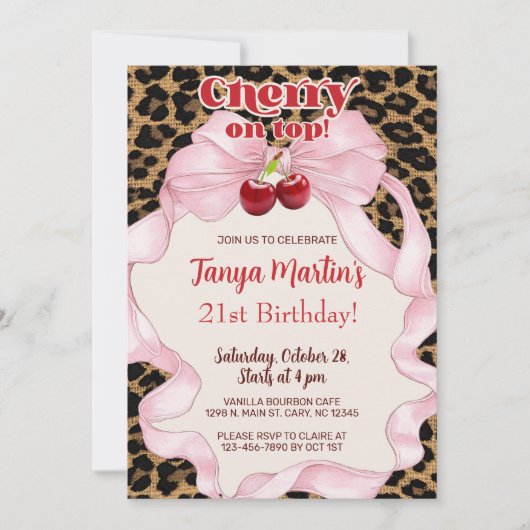 Cherry On Top adult woman birthday invitation. Kaart (Voorkant)