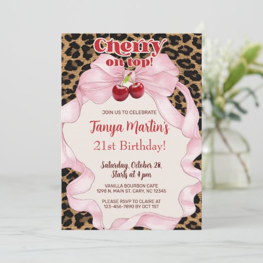Cherry On Top adult woman birthday invitation. Kaart (Staand voorkant)