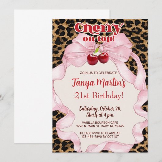 Cherry On Top adult woman birthday invitation. Kaart (Voorkant / Achterkant)