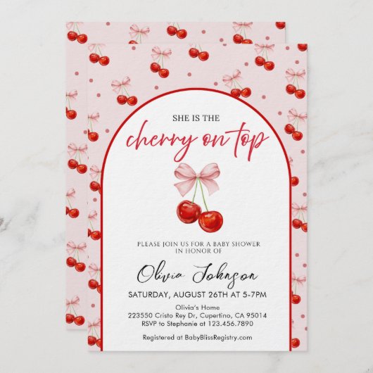 Cherry on Top Baby Shower, Cherry with Pink Bow Kaart (Voorkant / Achterkant)