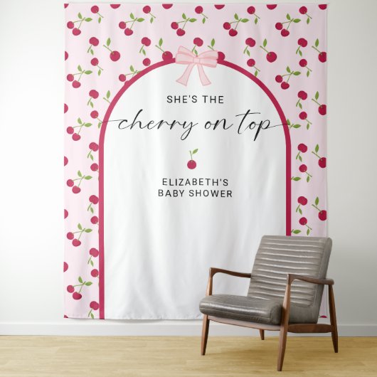 Cherry On Top Baby Shower Coquette Bow Backdrop Wandkleed (In situ)