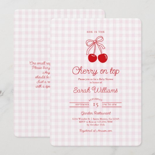 Cherry on Top Baby Shower Girl Invitation Kaart (Voorkant / Achterkant)