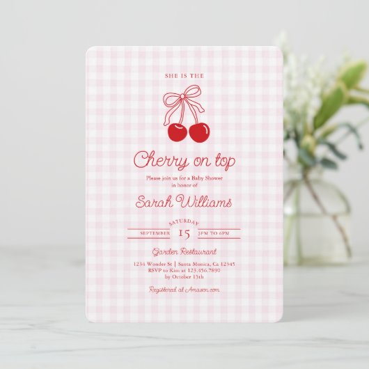 Cherry on Top Baby Shower Girl Invitation Kaart (Staand voorkant)
