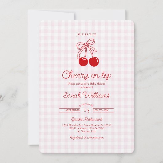 Cherry on Top Baby Shower Girl Invitation Kaart (Voorkant)