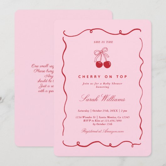 Cherry on Top Baby Shower Girl Invitation Kaart (Voorkant / Achterkant)