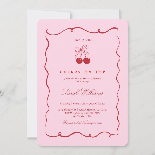 Cherry on Top Baby Shower Girl Invitation Kaart (Voorkant)
