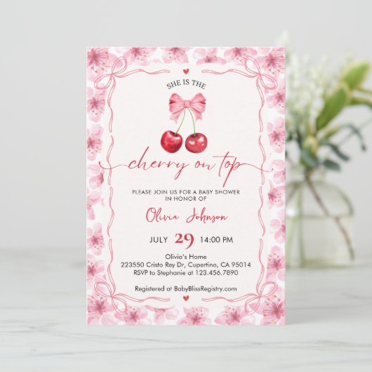 Cherry On Top Baby Shower Invitation Feestdagenkaart (Staand voorkant)