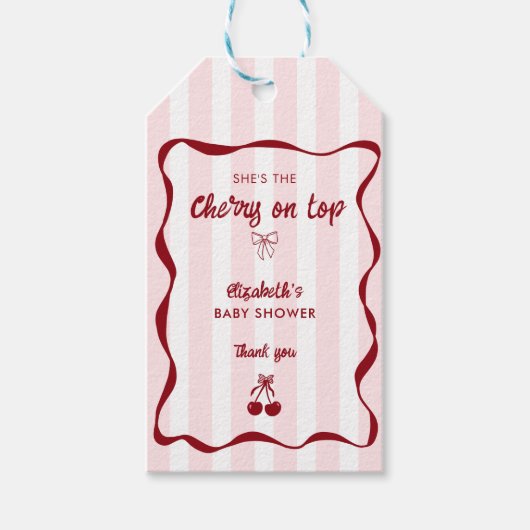 Cherry on Top Baby Shower Pink Stripes Bow Cadeaulabel (Voorkant)