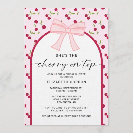 Cherry On Top Bridal Shower Coquette Bow Kaart (Voorkant)