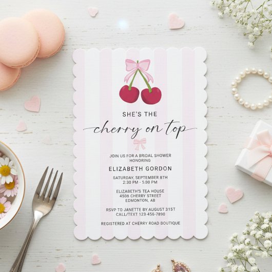 Cherry On Top Bridal Shower Coquette Bow Stripes Kaart