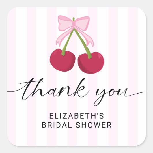 Cherry On Top Bruidsfeest Coquette Strik Strepen Vierkante Sticker (Voorkant)