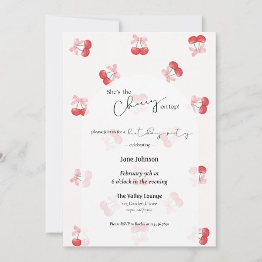 Cherry On Top Cherries & Bows Birthday Invitation Kaart (Voorkant)