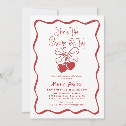 Cherry on Top Coquette Baby shower Uitnodiging (Voorkant)