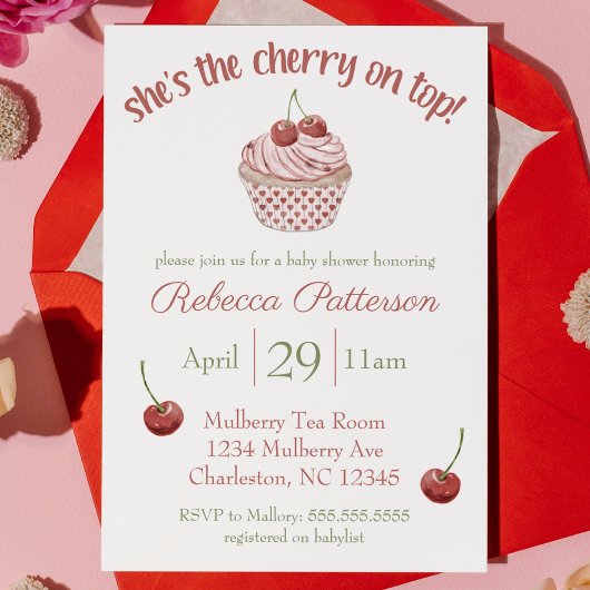 "Cherry on Top" Coquette Cupcake Baby shower Kaart