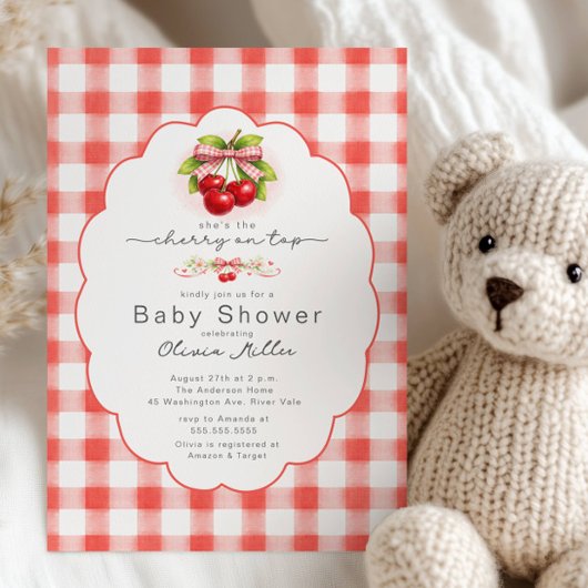 Cherry on Top Gingham Baby Shower Kaart