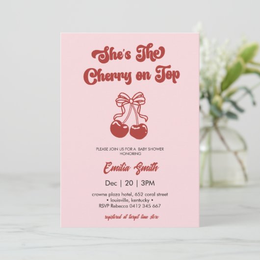 Cherry on Top hand drawn girl Baby Shower Kaart (Staand voorkant)