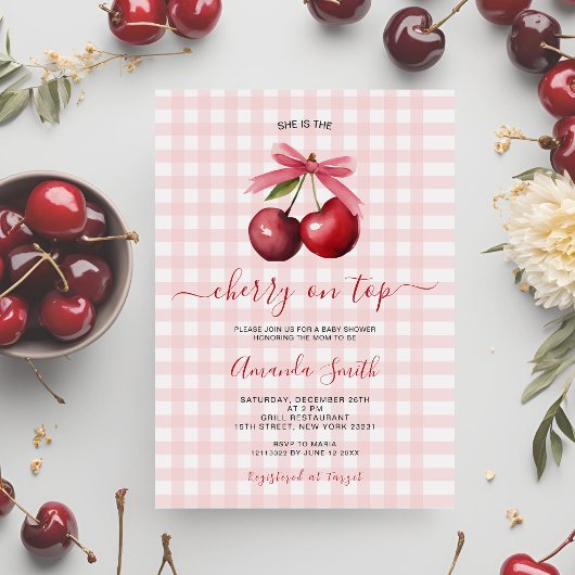 Cherry On Top met Bow Baby shower Invitation Kaart