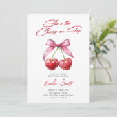  Cherry on Top pink bow Baby Shower Invitation Kaart (Staand voorkant)