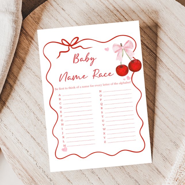 Cherry on Top Pink Bow Baby Shower Name Race Game (Coquette Cherry on Top Baby Shower Game)