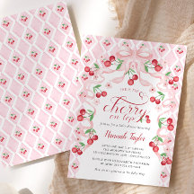 Cherry on Top Pink Bow Baby shower Uitnodiging