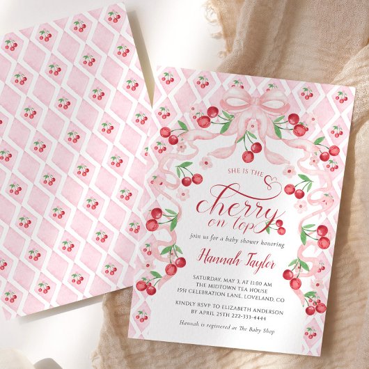 Cherry on Top Pink Bow Baby shower Uitnodiging