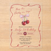 Cherry on Top Pink Bow Coquette Birthday Acryl Uitnodigingen (Voorkant)