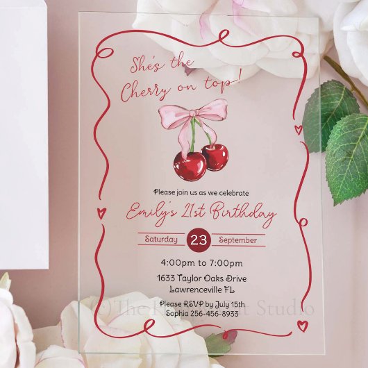 Cherry on Top Pink Bow Coquette Birthday Acryl Uitnodigingen