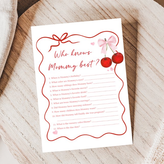 Cherry on Top Pink Bow Shower Who knows Mommy Game (Coquette Cherry on Top Baby Shower Game)