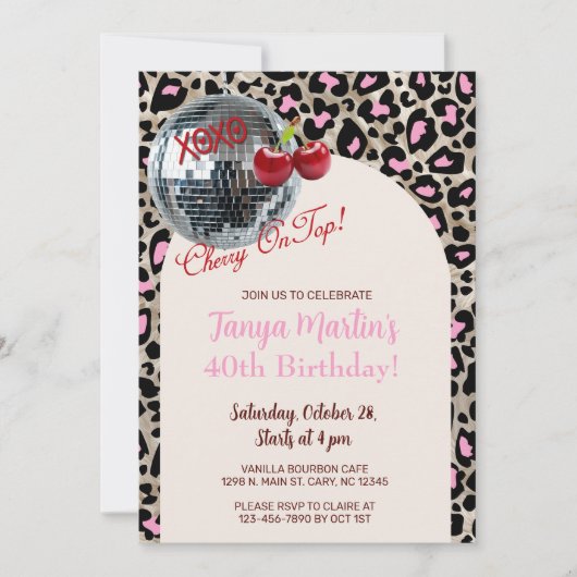 Cherry On Top pink leopard animal print invite. Kaart (Voorkant)