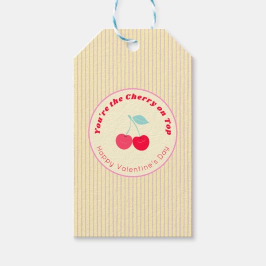 Cherry On Top Retro Pinstripe Valentine Red Yellow Cadeaulabel (Voorkant)