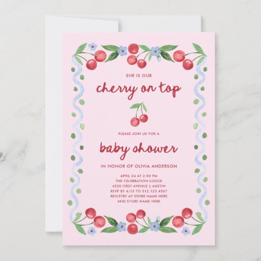 Cherry op de top | Red Script Whimsical Baby showe Kaart (Voorkant)