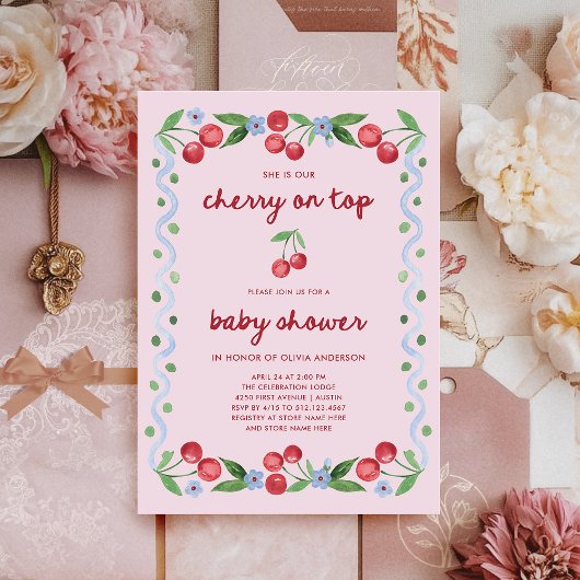 Cherry op de top | Red Script Whimsical Baby showe Kaart