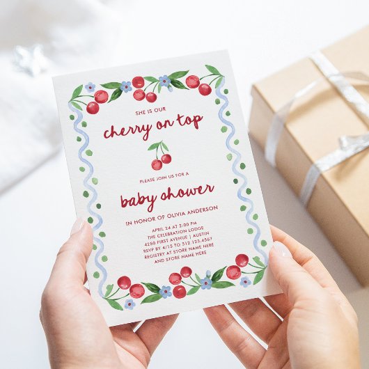 Cherry op de top | Red Script Whimsical Baby showe Kaart