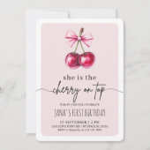 Cherry op de top roze verjaardagsfeestje kaart (Voorkant)