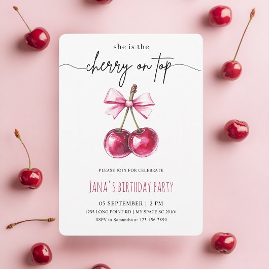 Cherry op de top roze verjaardagsfeestje kaart