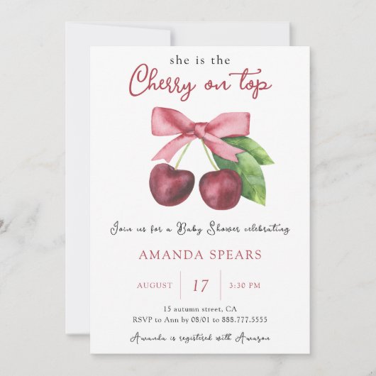 Cherry op Top Baby Meisje Douche Kaart (Voorkant)