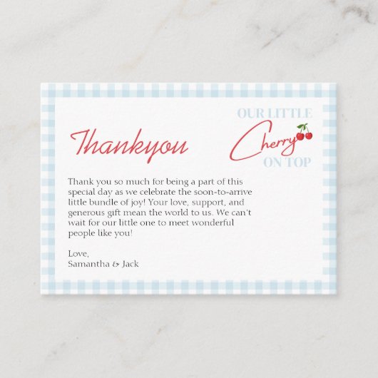 Cherry op Top Boy Baby shower Bedankt Card Informatiekaartje (Voorkant)
