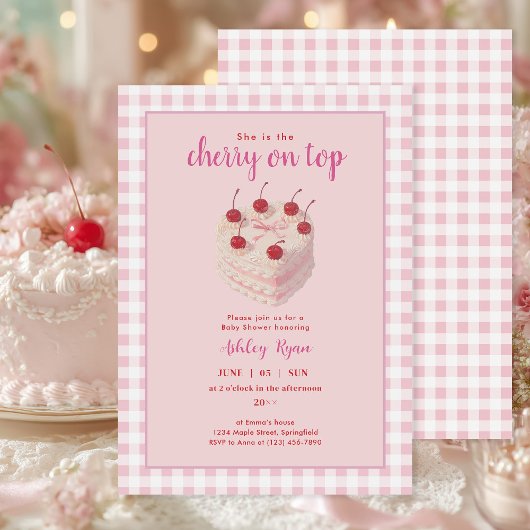 Cherry op Top Cake roze Baby shower uitnodiging