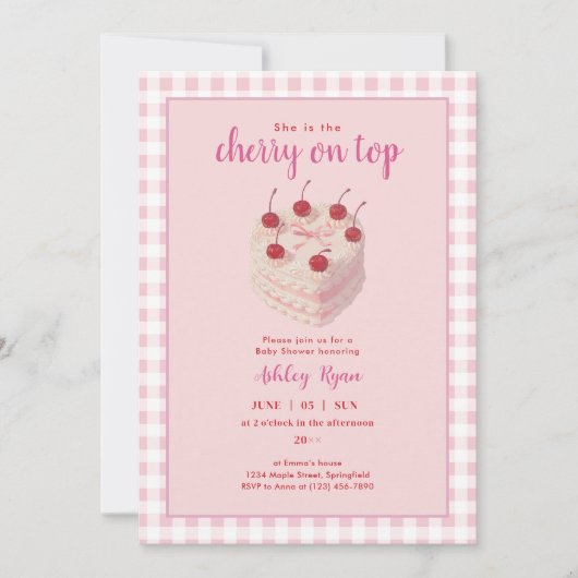 Cherry op Top Cake roze Baby shower uitnodiging (Voorkant)